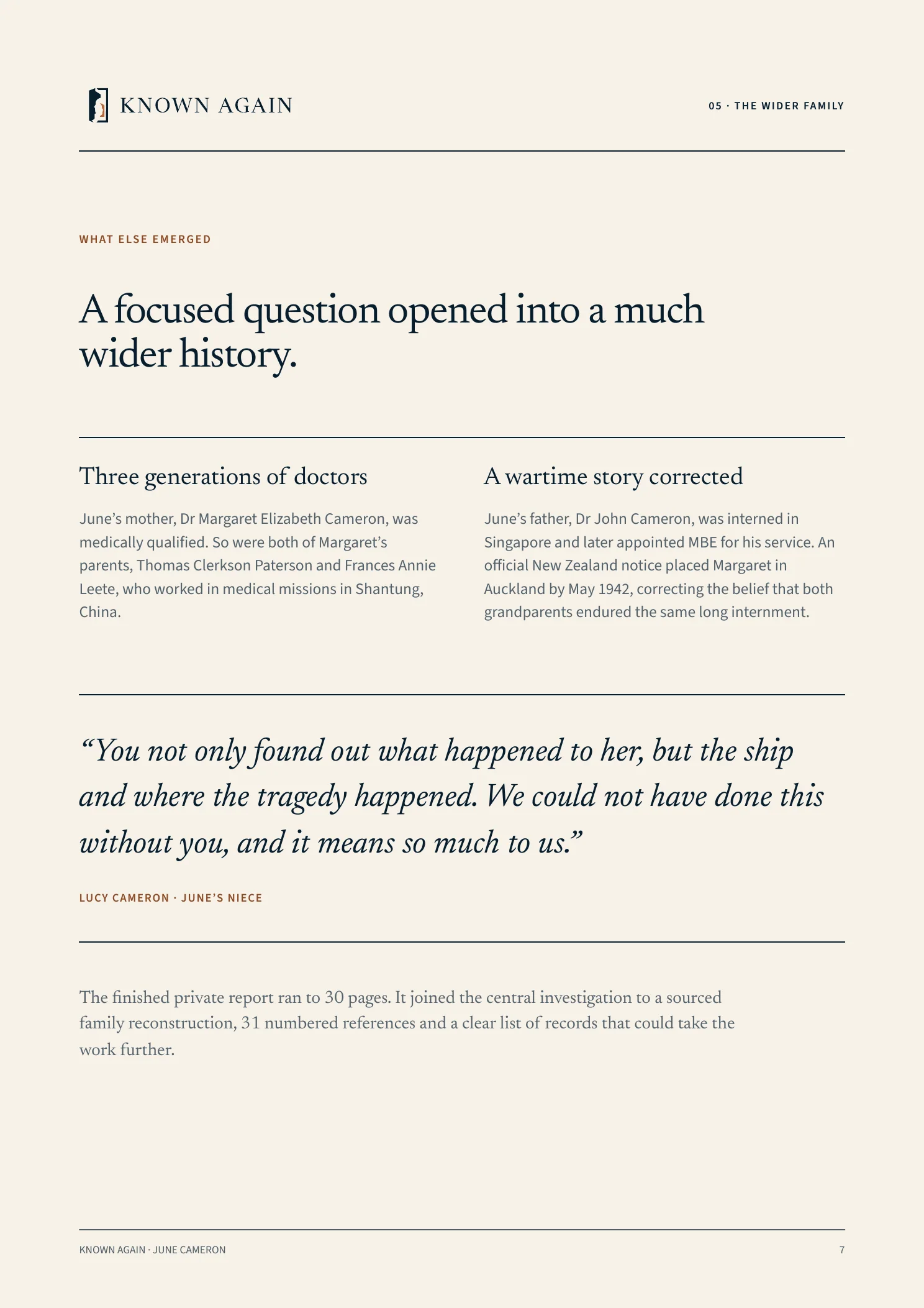 Report page describing the wider Cameron family history and Lucy Cameron’s response to the investigation